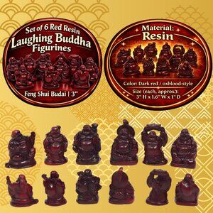 Set of 6 Red Laughing Buddha Budai Figurines Feng Shui Boxed 3" Made in China